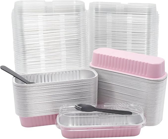 100 Pack 6.8oz Aluminum Cake Pans with Lids Rectangle Mini Loaf Pans Baking Cups Disposable Cupcake Baking Tins with 100 Pcs Plastic Spoons, Pink