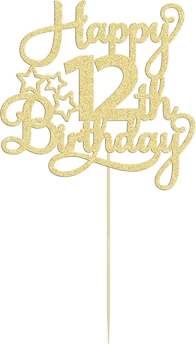 1 Pack Happy 12th Birthday Cake Topper Glitter Heart Star 12 Fabulous Cake Pick Birthday Sign Cake Decorations for Children 12th Birthday Theme Party Supplies Gold