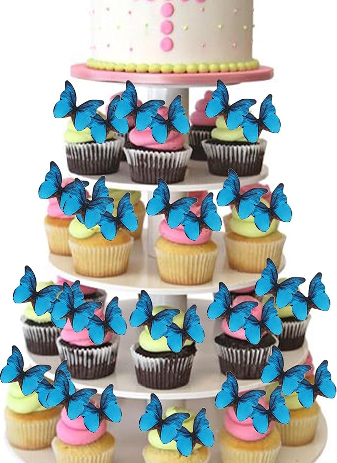 48PCS Edible Butterfly Cupcake Toppers Edible Butterfies for Cake Decorating Wafer Paper Edible Butterfly Cupcake Picks for Wedding Anniversary Kids Birthday Party Cake Decorations Supplies Blue