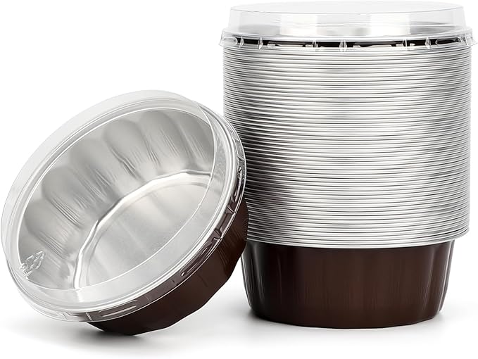 Beasea 8oz Disposable Ramekins, 50 Pack Aluminum Foil Cups with Lids, Baking Ramekin Cup Souffle Cup Muffin Cupcake Baking Cup Mini Pudding Cups for Party Wedding Birthday - Coffee Brown