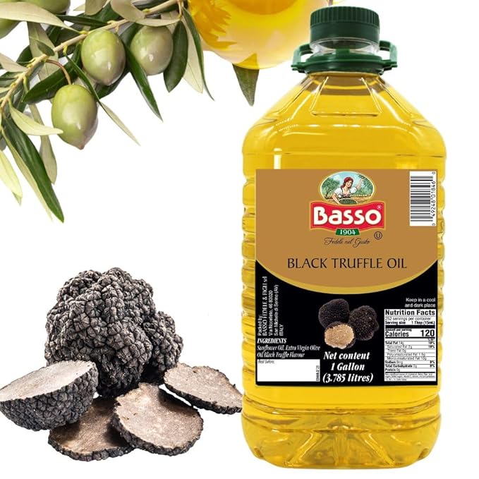 BASSO 1904 Black Truffle Infused Oil ??Bulk 1 Gallon (3.785L) ??Italian Extra Virgin Olive Oil with Truffle Aroma ??Non-GMO, Gourmet Finishing Oil for Pasta, Risotto & Pizza ??Product of Italy