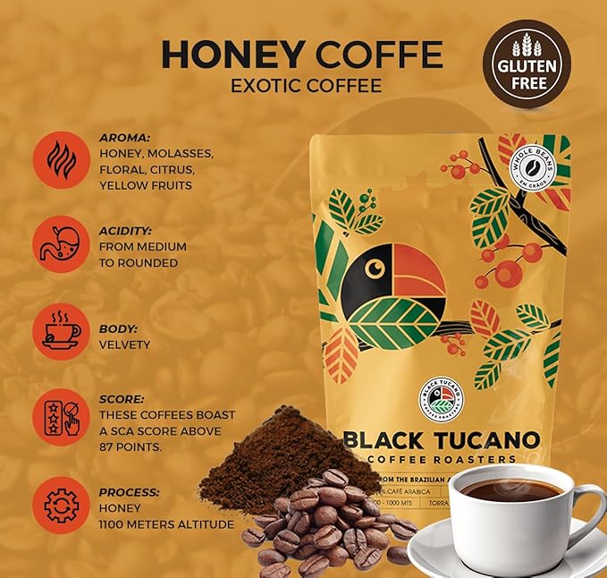 Black Tucano Specialty Brazilian Whole Beans - Medium Roast Honey Coffee - 8.8 Ounces (250 Gr)