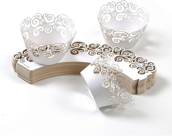 Cupcake Wrappers, KPOSIYA 100 Pack Cupcake Wraps Filigree Artistic Bake Cake Paper Cup Little Vine Laser Cut Liner Baking Cups Muffin Case Trays for Wedding Party Birthday Decoration (100, White)