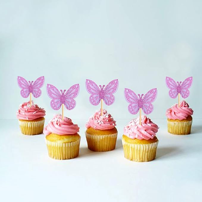 36PCS Butterfly Cupcake Toppers 3D Double Layers Hollow Cupcake Picks Baby Shower Cake Decorations Supplies for Butterfly Theme Wedding Anniversary Kids Birthday Party Purple