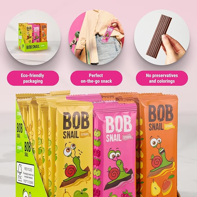BOB SNAIL Healthy Organic Fruit Snacks for Kids and Adults ??30 Organic Fruit Leather Snacks with Pear-Apple, Raspberry, Mango ??Vegan Low-Carb Variety Pack Strips for Kids ??Sugar Free Jerky Bars