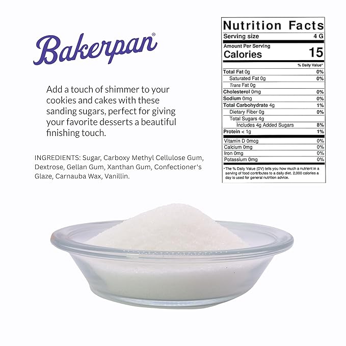 Bakerpan White Sanding Sugar for Baking & Cookie Decorating - 5 Ounce Edible White Sugar Sprinkles for Cookies, Cakes, Cocktails (Made In USA)