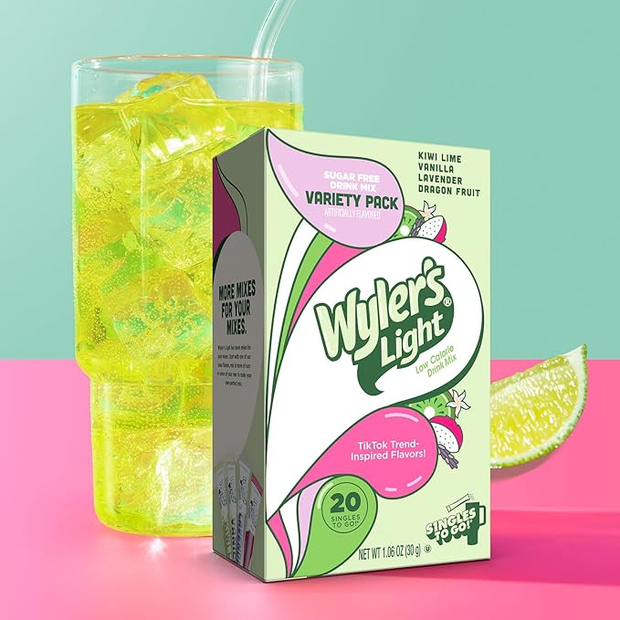 Wyler's Light Singles to Go Powder Packets, Water Drink Mix, Variety Pack, Watertok Base Flavors, Kiwi Lime, Vanilla, Lavender, and Dragon Fruit, Sugar & Caffeine Free, On-The-Go, 20 Count (Pack - 1)