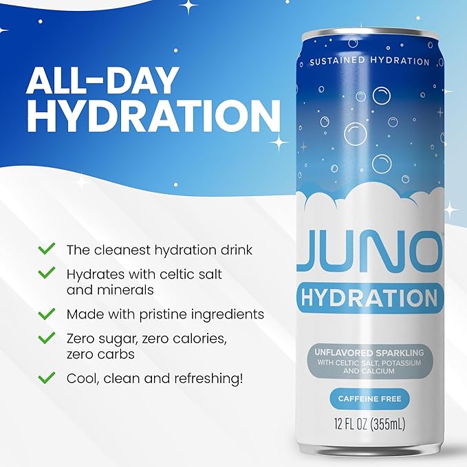 JUNO HYDRATION Unflavored Sparkling Drink - Sugar Free Electrolytes, Enhanced with Celtic Salt, Potassium & Calcium - Premium Refreshing Beverage, 12 Pack