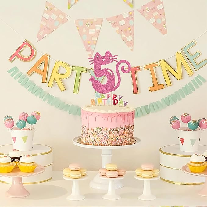 1 Pack Cat Cake Topper 5th Birthday Cake Pick Glitter Cute Pet Cat Cake Decoration for Cat Theme Baby Shower Kids Five Birthday Wedding Party Cake Decorations Supplies Pink