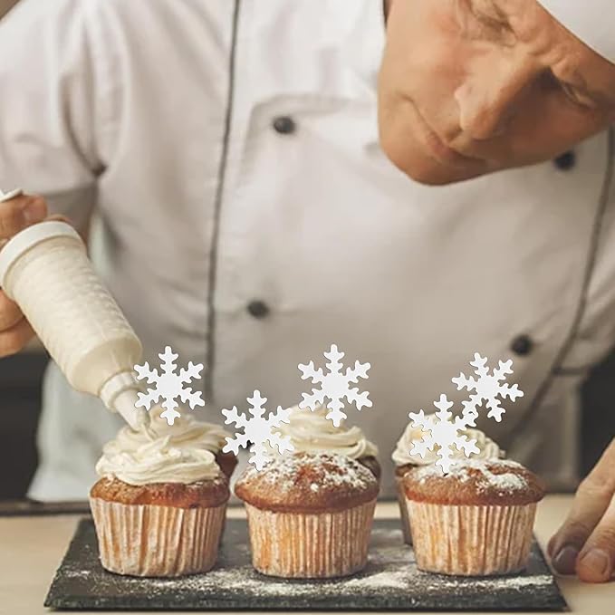 Rsstarxi 50 Pack Edible Snowflake Cupcake Toppers - White Snowflakes Cake Decorations for Winter Frozen Theme Baby Shower Birthday Party