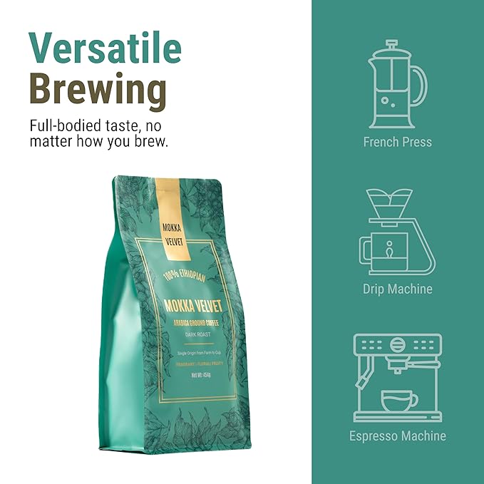 Mokka Velvet Ethiopian Coffee Ground - Organically Grown Dark Roast Coffee Ground, Single Origin, Ground Coffee, 100% Ethiopian Harar Arabica Coffee, Resealable Bag 454g.