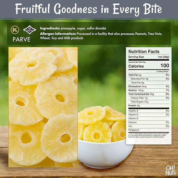 Oh! Nuts Dried Pineapple - 1 lb - Dried Fruit Rings - Organic Sweet - Dehydrated Fruit Bites - Packed in New York Zip-Seal Bag for Exceptional Freshness