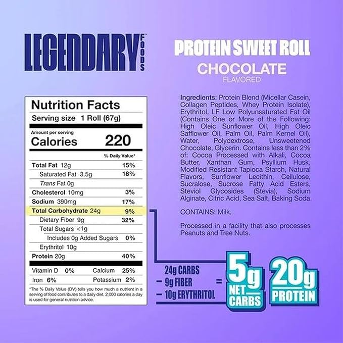 Legendary Foods 20g Protein Chocolate Sweet Roll - Premium High Protien Bars, Low Carb Meal Replacement Snack, Low Glycemic Index, Gluten Free Snacks - Zero Sugar, Keto and Diabetic Friendly 4-Pack