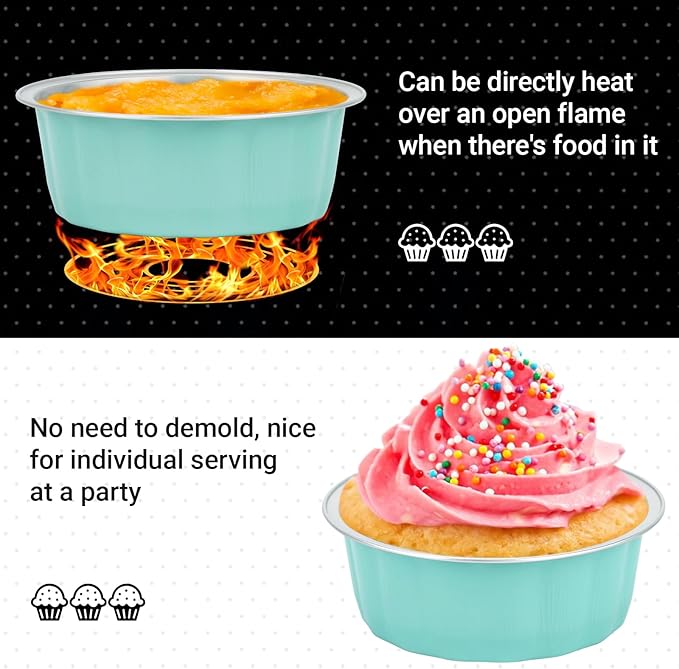 Beasea 8oz Aluminum Ramekins, 100 Pack 3.9" Mini Disposable Baking Foil Cups Ramekin Cup Cupcake Aluminum Baking Cups for Party - Lake Blue