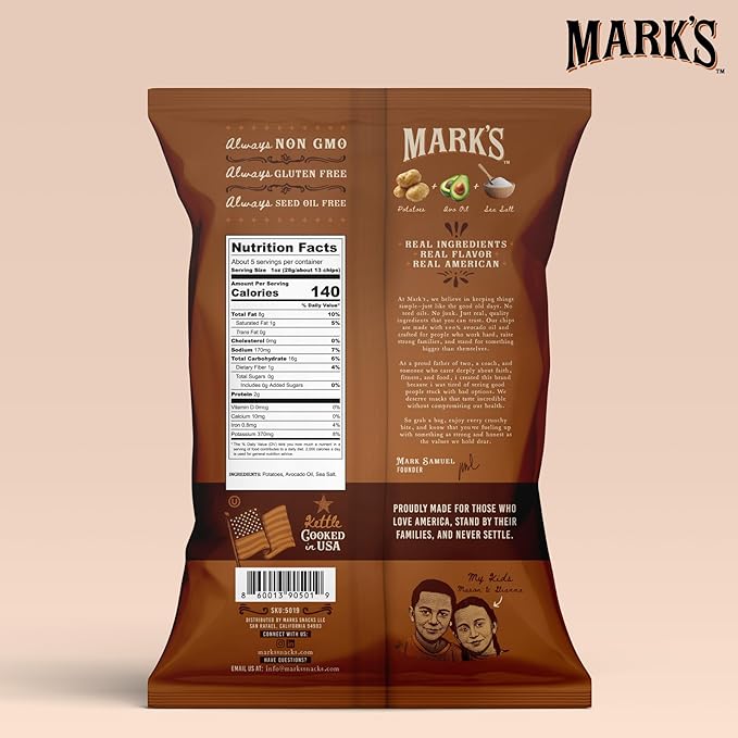 MARK???Kettle Cooked Avocado Oil Potato Chips, Sea Salt ??Seed Oil & GMO Free | Sea Salt, 5 oz (Pack of 3) | Gluten Free, Non-GMO Chips for Clean & Healthy Snacking