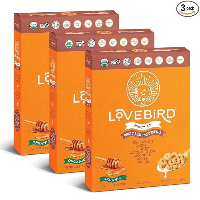 Lovebird Organic Gluten Free Cereal, Honey Flavor ??Prebiotic Fiber, Gut Health, Low Sugar, Grain Free, Breakfast or Snack ??Healthy Cereal Made With Real Food, 3 Pack, Kids & Adults