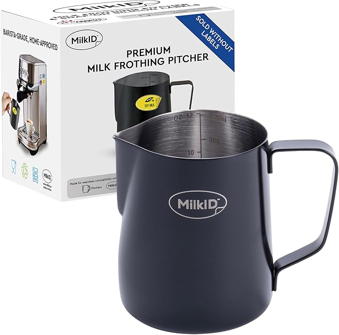 Stainless Steel Milk Frothing Pitcher | Compatible with MilkID Labeling System | Espresso Accessories Kit | Barista Tools | Latte Art Pitcher (12oz / Black Pitcher Only)