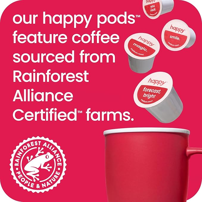 happy coffee medium roast coffee pods, 10 count, notes of chocolate & confidence, compatible with most K-cup brewers, rainforest alliance certified