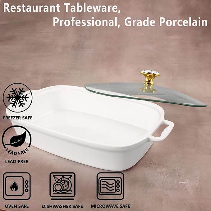 10" x 7" Ceramic Rectangular Casserole Dish with Glass Lid, 1.3 Quart White Serving Soup Tureen,Chafing Dish for Buffet, Family Food preserve Tray, Catering Casserole for Party Style