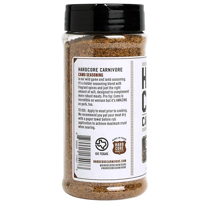 Hardcore Carnivore Camo - Wild Game and Lamb Seasoning (10.5 oz Shaker) Bold Texas-Made Spice Blend for Venison, Elk, Duck, Lamb and More