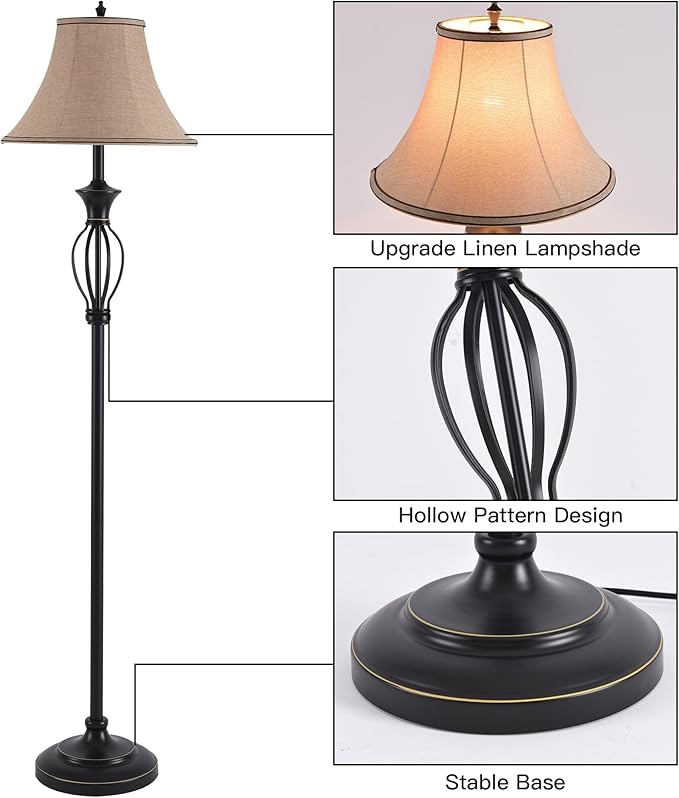 3 Pack Lamp Set, Living Room Light Set of 3, Floor and Table Lamp Set in Black Finish with Vintage Brown Fabric Light Shades, 26" and 61"(H), Solid Iron