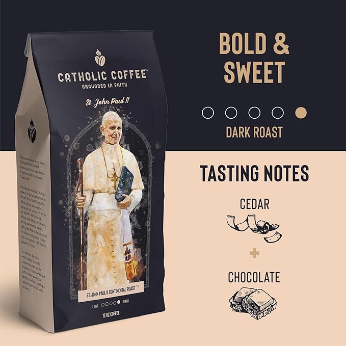 Catholic Coffee Pope St. John Paul II | Peruvian Dark Roast Ground Coffee ??Cedar & Chocolate Notes | 12oz Bag ??Bold Catholic Gift Inspired by a Modern Saint