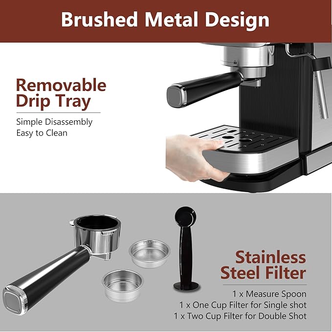 VEGETA Espresso Machine 20 Bar, Small Coffee Maker with 40oz Removable Water Tank, Stainless Steel Espresso Machine with Steam Milk Frother, Latte & Cappuccino Machine for Home, Silver
