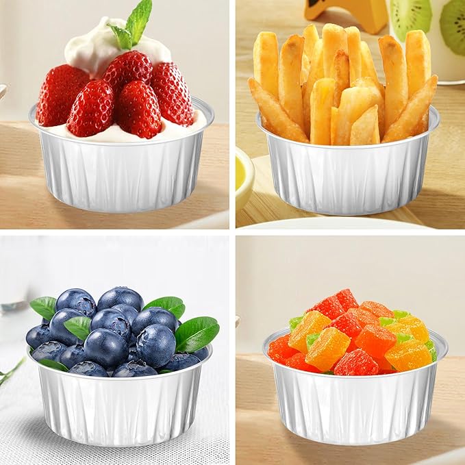 100Pack Alluminum Cupcake Containers, 5oz Dessert Cups with Lids, Mini Cake Pans With Lids&Spoons for Gift Holiday Party Cake Baking Sales Mini Storage Box Stackable Portable (silver)