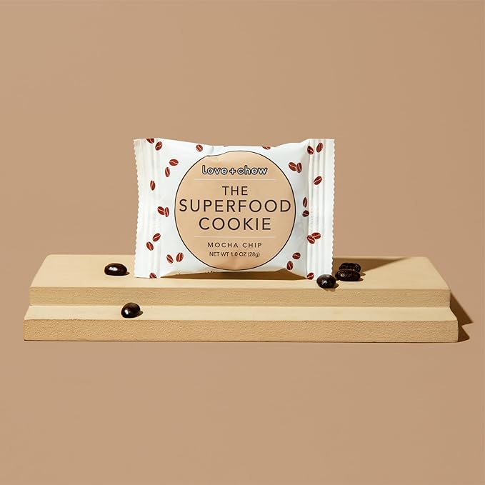 Love + Chew, Mocha Chip Minis - 18 Count - Tasty Gluten Free Cookies - Vegan - Healthy, Paleo, Non GMO Snacks - Individually Wrapped, Soft Baked Cookies - Made from High Protein Almonds - 1 Ounce Each