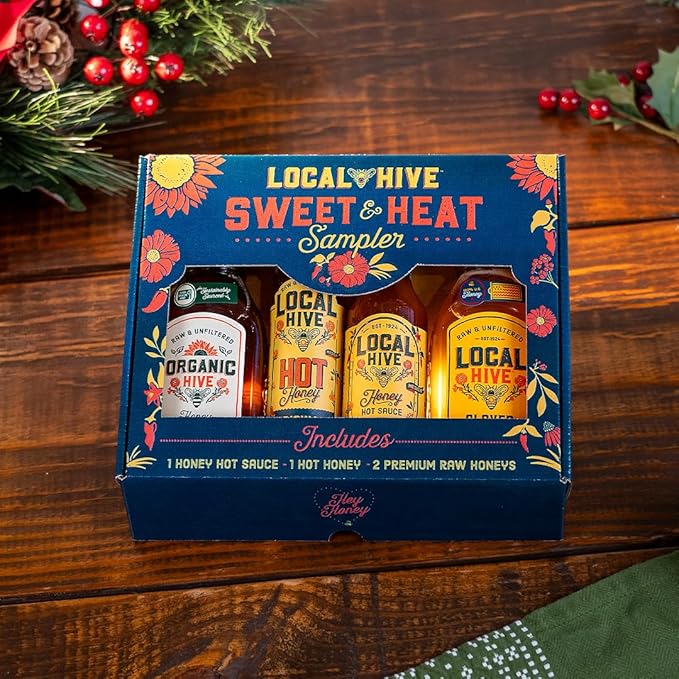 Local Hive Sweet & Heat Sampler - Original Hot Honey, Organic Hive 12oz, Local Hive 12oz Clover Honey, and Original Hot Sauce - ideal for drizzling, cooking, and elevating every bite