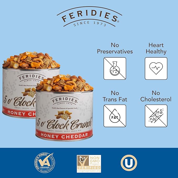 FERIDIES Honey Cheddar 5 O'Clock Crunch Snack Mix - 14oz Vacuum Sealed Tins (Pack of 2)