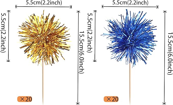 40 PCS Foil Firework Cupcake Toppers Sparkle Tinsel Cupcake Picks Fireworks Birthday Party Decorations Cocktail Fruit Toothpick for Birthday Wedding Graduation Party Decorations Supplies Gold Blue