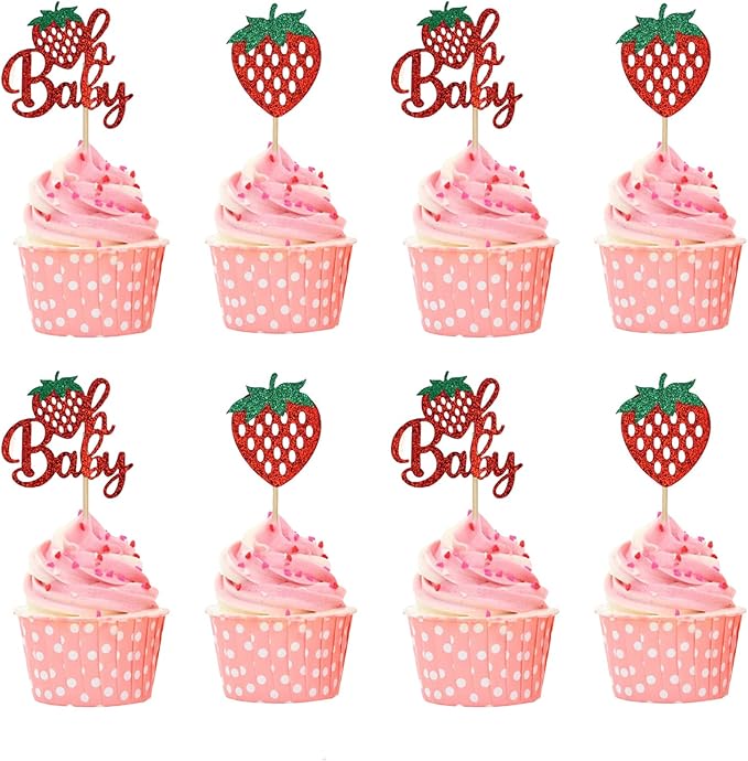25Pcs Strawberry Cake Topper Glitter Oh Baby Strawberry Cupcake Toppers for Fruit Theme Baby Shower Birthday Summer Party Cake Decorations Supplies Red