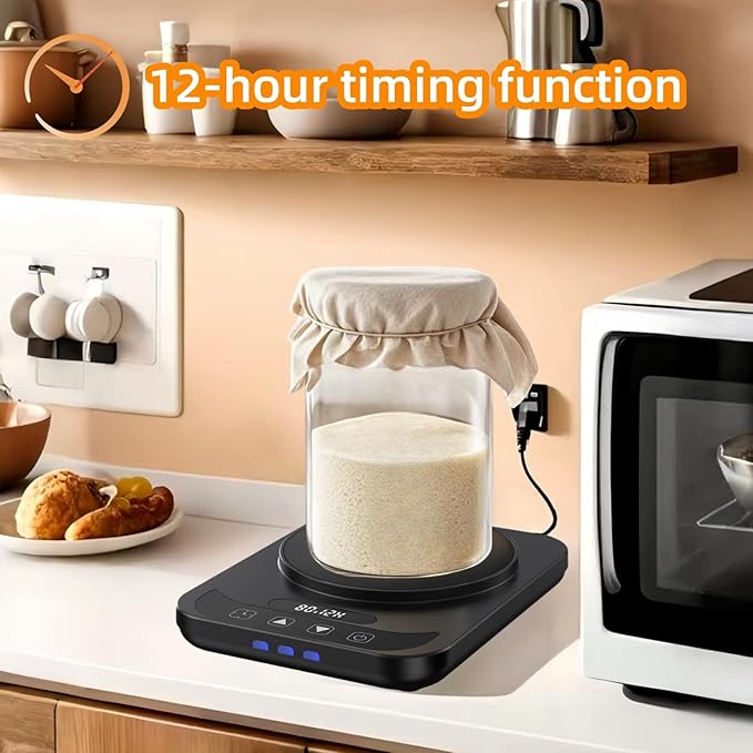 Sourdough Starter Warmer Mat - 12H Timer & Precise 1°F Thermostat (70-100°F) - Auto On/Off - Fits 40oz Jars for Home Baking (Black)