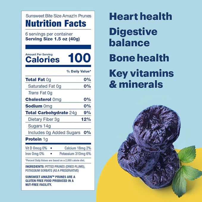 Sunsweet Amazin' Prunes - Bite Size Prunes Pitted Unsweetened & Dried - Gluten Free, Vegan, Low Fat - Fiber & Minerals - 8 oz pouch - 6 Pack