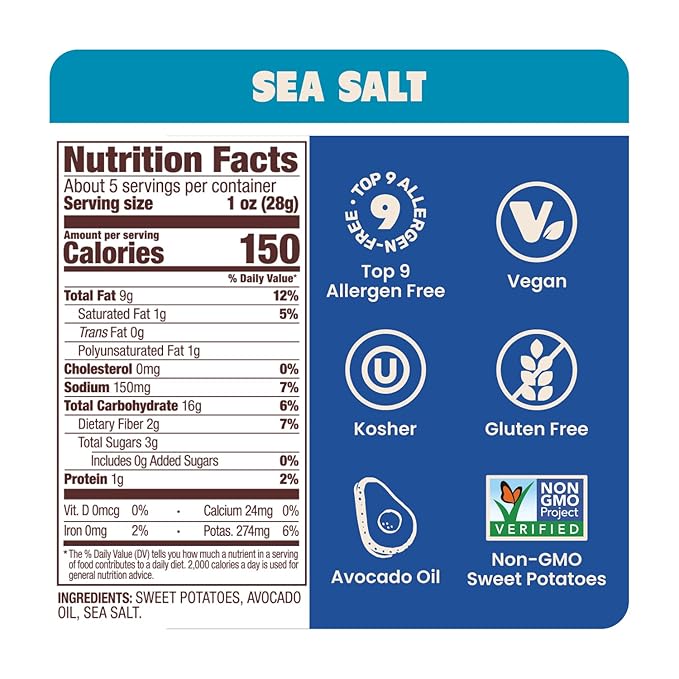 Jackson???Wavy Sweet Potato Kettle Chips - with Sea Salt made with Premium Avocado Oil (5 oz, Pack of 7) - Allergen-friendly, Gluten Free, Peanut Free, Vegan, Paleo Friendly - Shark Tank Product