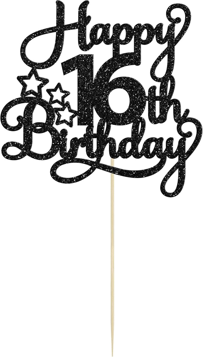 1 Pack Happy 16th Birthday Cake Topper Glitter Sweet 16 Cake Pick Decorations for Children Theme Party Supplies Black
