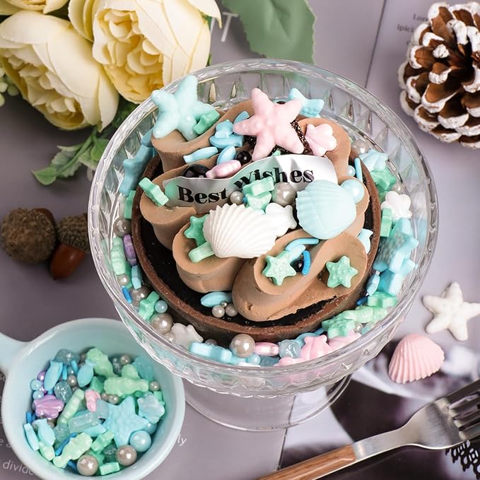 Ocean Sprinkles for Cake Decorating, Shell, Seahorse, Starfish, Fish & Pearl Sugar Mix for Cupcakes Cookies and Ice Cream Toppings