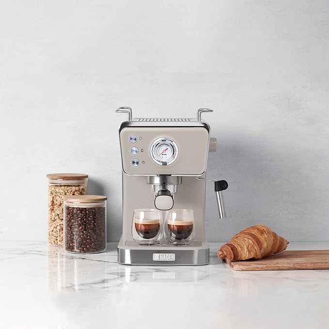 HADEN Barista Brew Espresso Coffee Machine, Stainless Steel Espresso Maker with Milk Frother and Steamer Function and 1.5L Water Tank, Putty & Copper