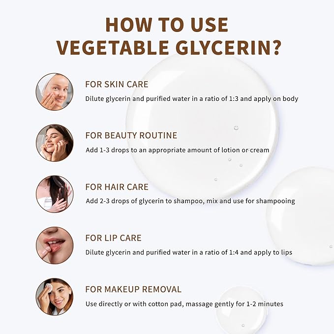 100% Natural & Pure Vegetable Glycerine, 16 fl. oz. Vegetable Glycerin Liquid Body Oil for Skin, Face, Hair Care, Massage Oil for Moisturizing and Hair Benefits, Carrier Oil for Essential Oils