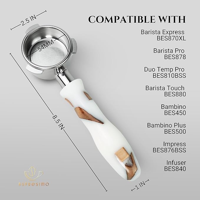 54mm Bottomless Portafilter Modern Handle ??Includes Stainless Steel Naked Basket ??Fits Breville Barista Express & 54mm Breville Espresso Machines - Espresso Machine Accessories ??White