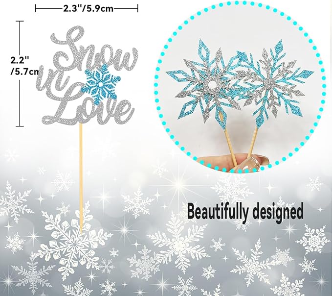 24PCS Snow in Love Cupcake Toppers for Winter Snowflake Decorations, Frozen Snowflake Love Cake Toppe for Bridal Shower Party Decorations (Love A)