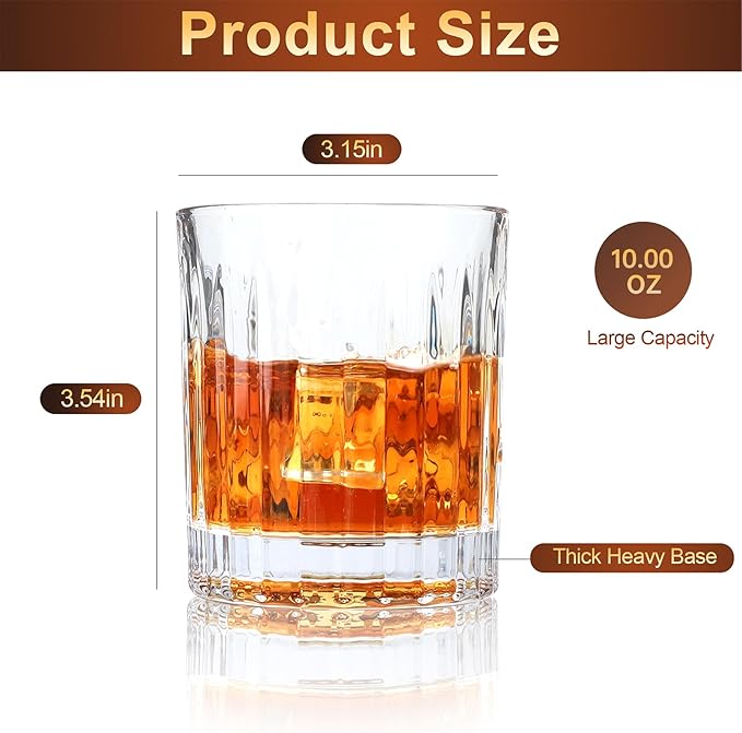 Whiskey Glasses set of 4,10 oz Bourbon Glass - Lead-Free Crystal Old Fashioned Glass for Scotch, Cocktails, Home Bars, Parties,Spinning Whiskey Glass Unique Gift for Men and Women