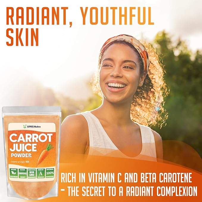 XPRS Nutra 100% Natural Carrot Juice Powder - Pure Carrot Powder from The USA - Ideal for Juice and Smoothie - High in Vitamin A, Phytonutrients and Antioxidants - Non-GMO (16 oz)