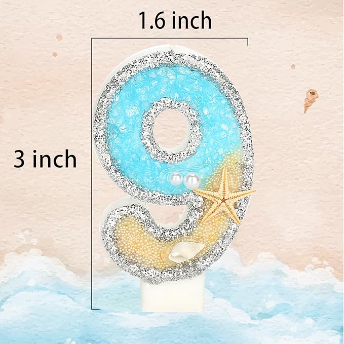 9th Birthday Candle for Cake, Beach Starfish Sequins Candles, 2.76 inch Cake Topper Decoration for Birthday Party (Number 9)