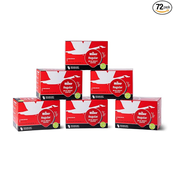 Wawa Mild Roast Single Cup Regular Coffee Pods, 72 Pods, 6 Boxes, Lightly Roasted, Nutty Smooth Balanced Blend, Single Serve, 100% More Responsibly Sourced from Rainforest Alliance Certified Farms