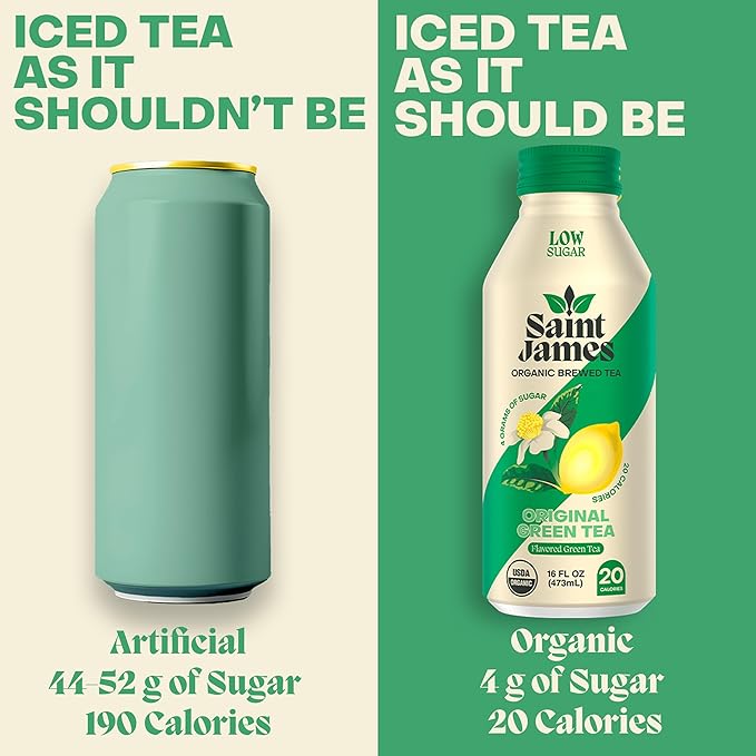 Saint James Iced Tea - Organic Green Tea - Non GMO, Gluten Free, Low Calorie & Low Sugar - Original Green Tea, 12 Pack (16 fl oz each)