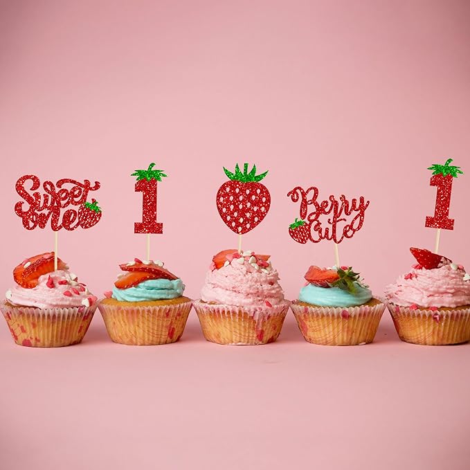 24Pcs Sweet One Cupcake Toppers Glitter First Birthday Strawberry Cupcake Picks for Fruit Baby Shower 1st Birthday Berry Sweet Cupcake Decorations Party Supplies Red