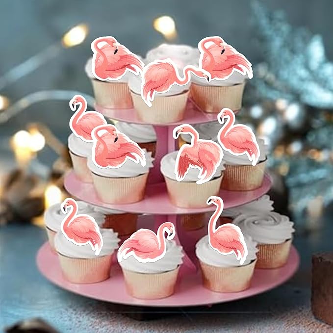 60 Pack Edible Flamingo Cupcake Toppers Wafer Paper Tropical Aloha Luau Cupcake Picks Holiday Flamingo Summer Hawaiian Beach Cake Decorations for Summer Theme Baby Shower Birthday Party
