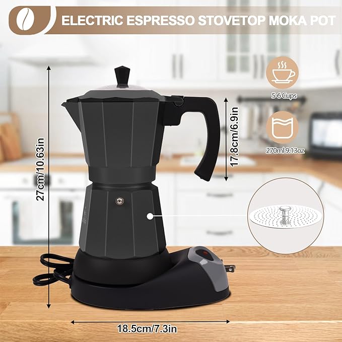 Aluminum Electric Moka Pot 5-6 Cup 270ml Express Coffee Maker Stovetop Espresso Portable Coffeemaker Italian Classic Brewing Greca Cafe Mocha with Removable Base and Overheating Protection Machine